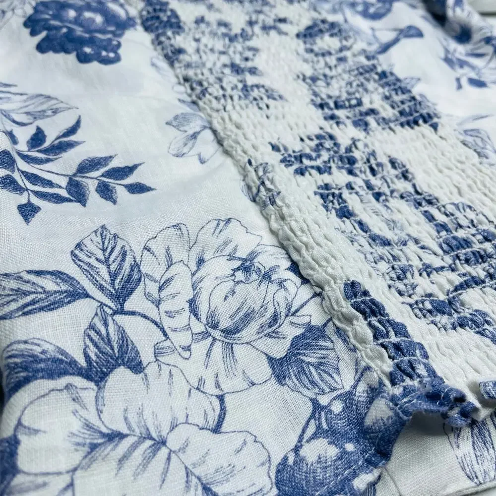 Reformation Stilton Linen Top Blue Toile Floral Long Sleeve Square Neck Size 2